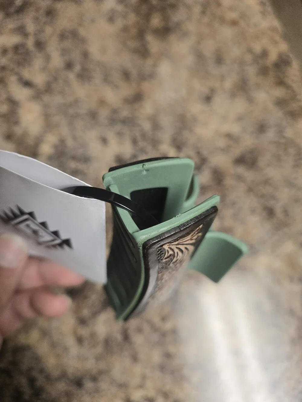 Leather Tooled Hair Claw Clip - Green with Brown Tooled Accent